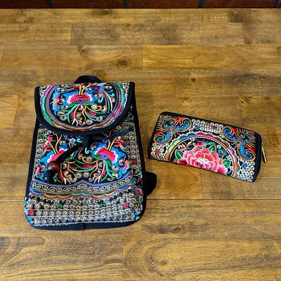 Embroidered Backpack Travel Set W/ Wallet Colorful Small Backpack New Boho - Picture 1 of 14